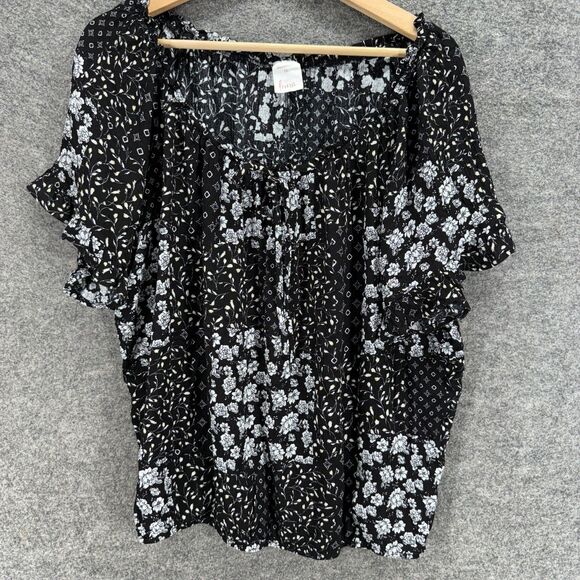 Luna Blouse Women 1X Plus Black Floral Short Sleeve Rayon Round Neck Casual - Picture 1 of 7